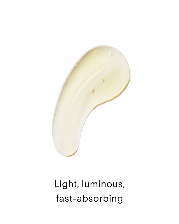 A creamy, translucent smear of Ultra Brightening Serum Mild with skin-brightening niacinamide on a white background, text below reading: Light, luminous, fast-absorbing.