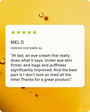A review card on a yellow background features small bubbles, a 5-star rating, and praise for Ultra C Firming Concentrate for reducing eye bags, puffiness, and brightening skin to help users look less tired.