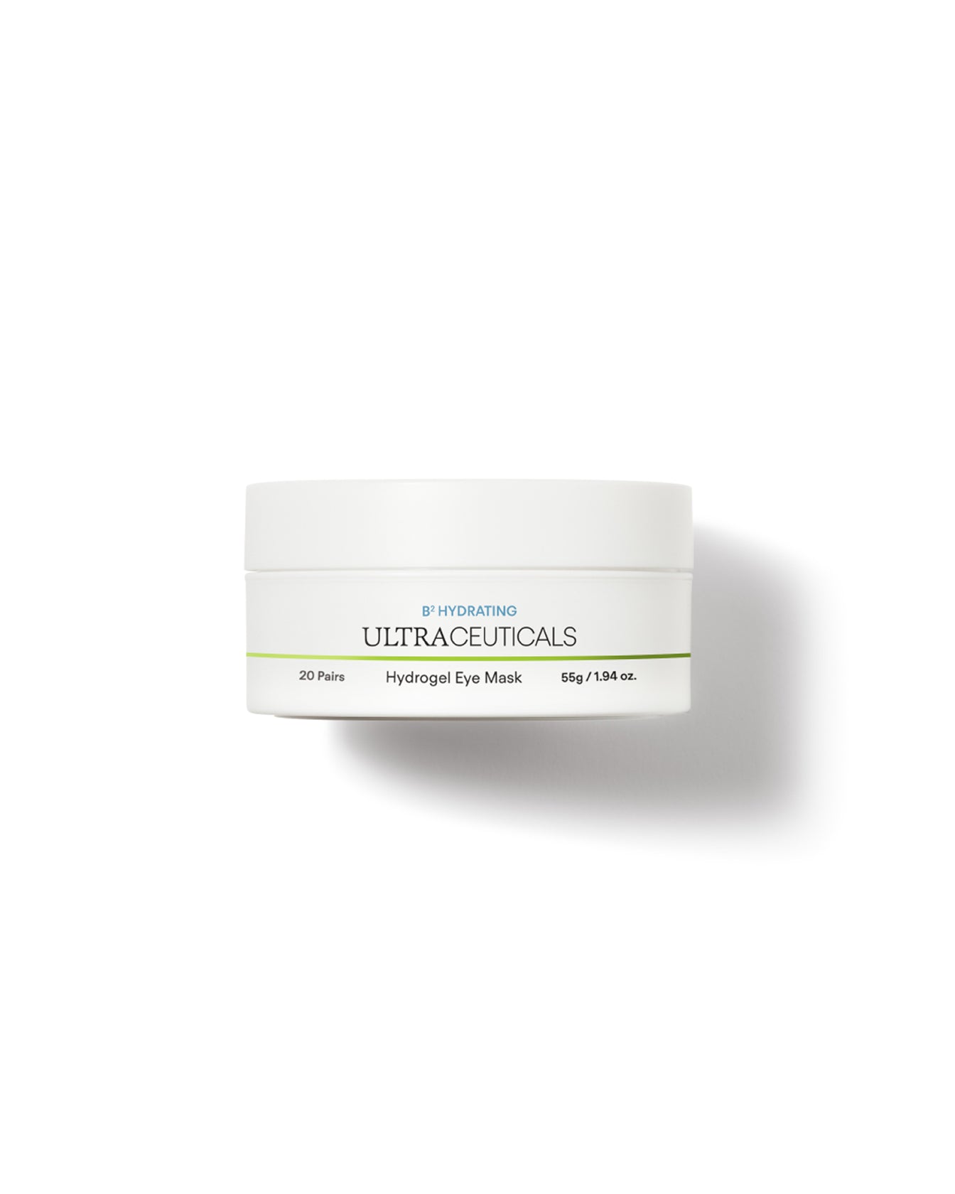 A white container of Ultra B² Hydrating Eye Mask, 55g (1.94 oz), with green and blue text is displayed on a plain white background; this eye mask is enriched with hyaluronic acid to help target fine lines.