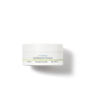 A white container of Ultra B² Hydrating Eye Mask, 55g (1.94 oz), with green and blue text is displayed on a plain white background; this eye mask is enriched with hyaluronic acid to help target fine lines.