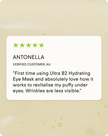 Antonella gave the Ultra B² Hydrating Eye Mask a 5-star review, praising its hyaluronic acid formula for revitalizing puffy under eyes and reducing fine lines and wrinkles. Seen on a white card against a beige background.