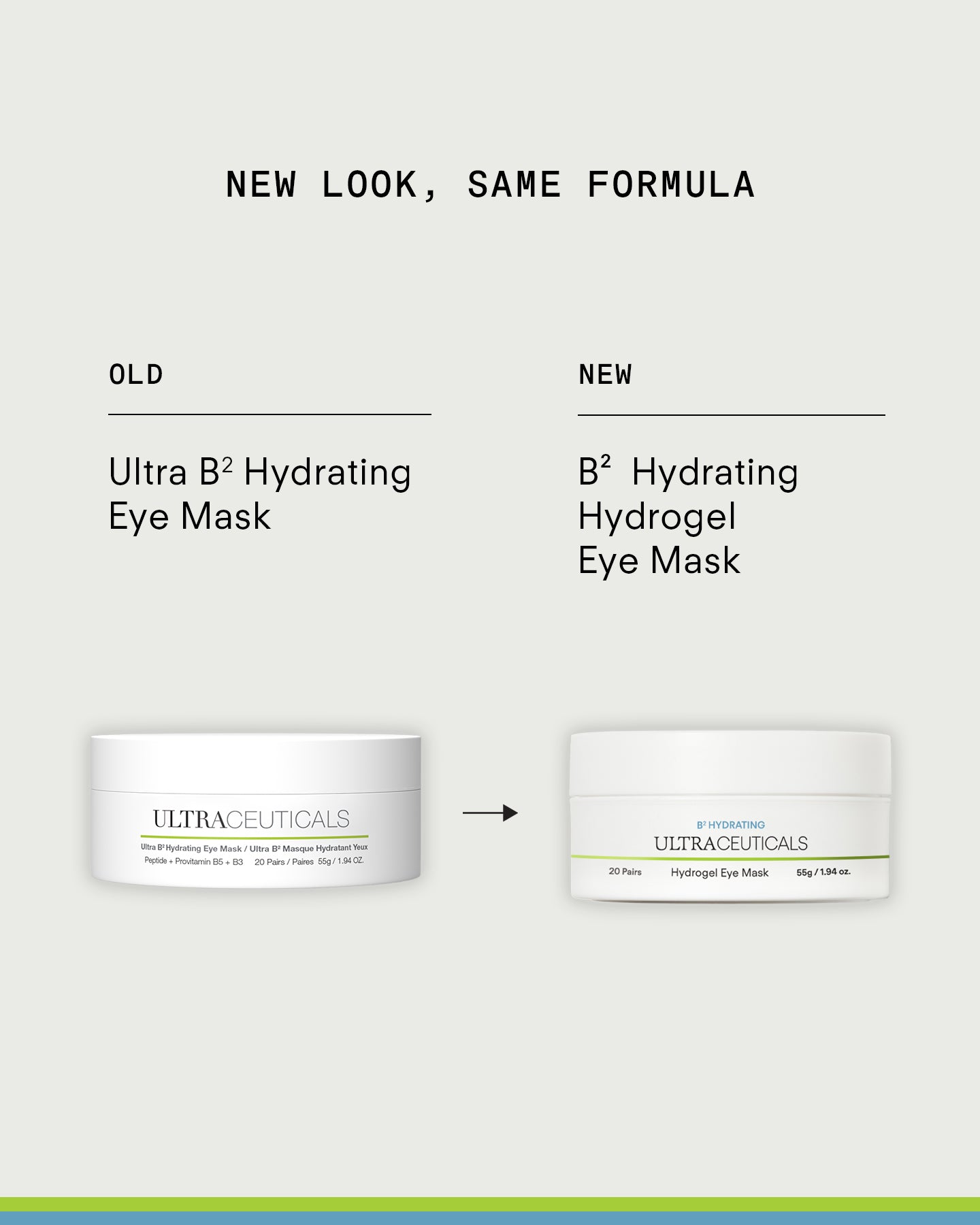 Comparison image of the old and new packaging for Ultra B² Hydrating Eye Mask—both in white jars with green accents. Text: New look, same hydrating formula with hyaluronic acid to target fine lines.