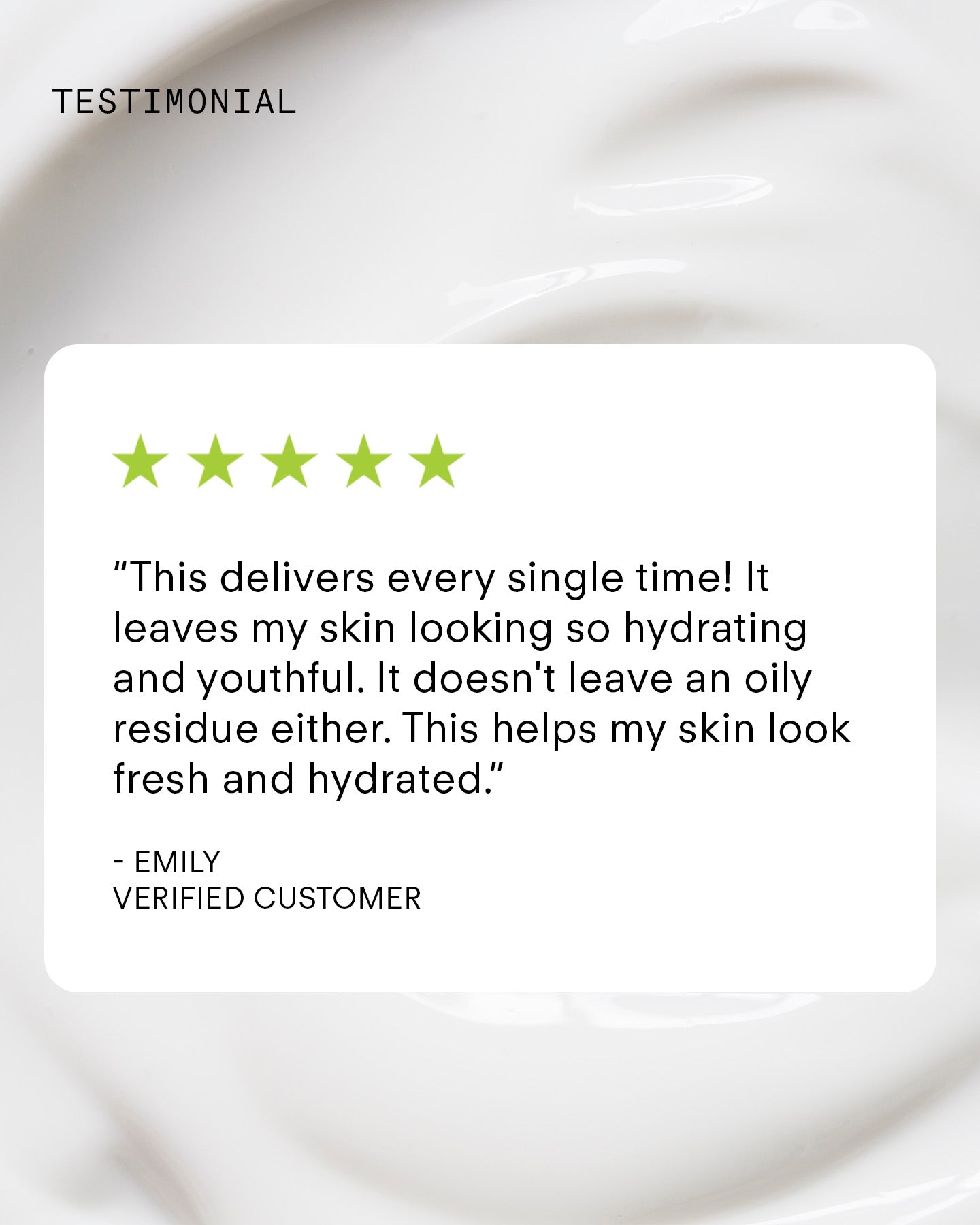 A five-star review raves about Ultra Hydrating Lotion for giving skin a hydrated, youthful glow with no oily residue. The creamy white formula is shown in the background, emphasizing its support for the skin barrier.