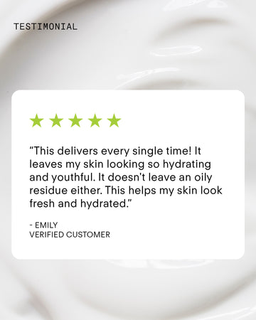A five-star review raves about Ultra Hydrating Lotion for giving skin a hydrated, youthful glow with no oily residue. The creamy white formula is shown in the background, emphasizing its support for the skin barrier.