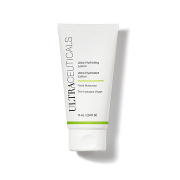 A white 75 mL tube of Ultra Hydrating Lotion is displayed against a plain white background. The packaging has green and grey accents and promotes its facial hydration benefits.