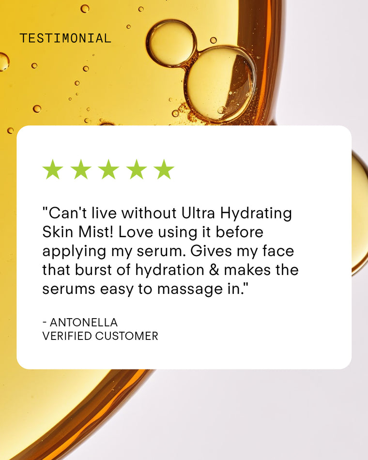 A five-star customer review of the Ultra Hydrating Skin Mist appears on a white background over a close-up shot of golden, bubble-filled liquid, highlighting its sodium hyaluronate-powered hydration.