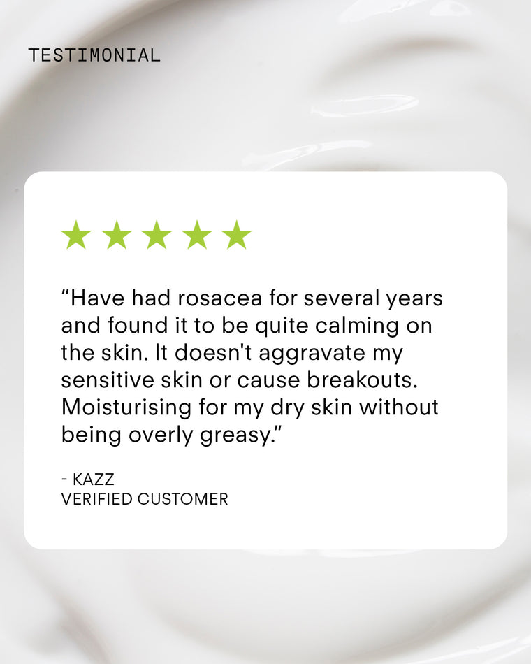 A customer’s 5-star review praises Ultra Calming Moisturiser Cream for hydrating, supporting the skin barrier, soothing rosacea, and moisturizing sensitive skin without greasiness. Text appears on a white background with a subtle swirl pattern.