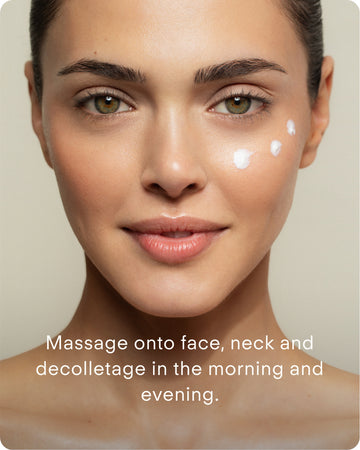 A woman with smooth skin applies three dots of Ultra Rich Moisturiser Cream to her right cheek. The text reads: Massage onto face, neck and decolletage morning and evening.