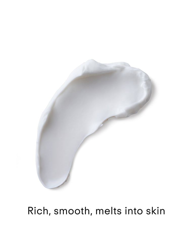 A creamy, smooth white smear of Ultra Rich Moisturiser Cream is shown on a white background with the text “Rich, smooth, melts into skin”—the perfect moisturising cream for dry skin.