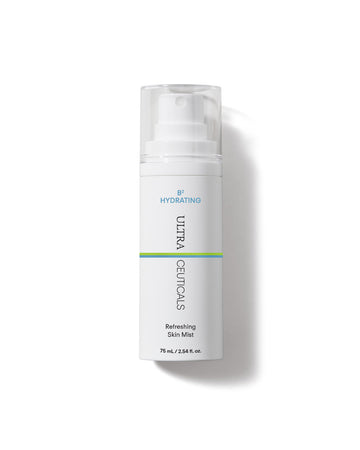 A white bottle of Ultra Hydrating Skin Mist with a clear cap, green and blue lines, contains 75 mL (2.54 fl. oz.), and features sodium hyaluronate for enhanced hydration.