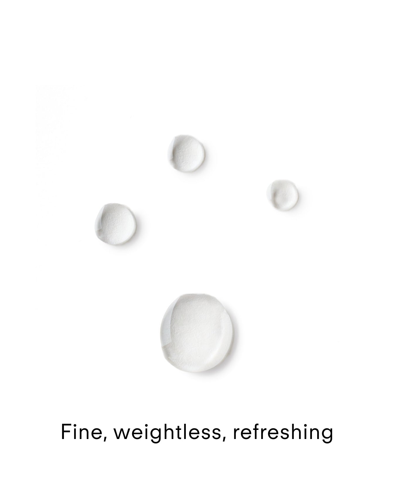 Four clear liquid drops of varying sizes rest on a white background above the words Fine, weightless, refreshing—reflecting Ultra Hydrating Skin Mist, enriched with sodium hyaluronate for deep hydration.