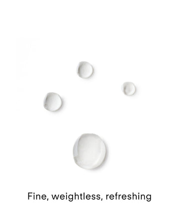 Four clear liquid drops of varying sizes rest on a white background above the words Fine, weightless, refreshing—reflecting Ultra Hydrating Skin Mist, enriched with sodium hyaluronate for deep hydration.