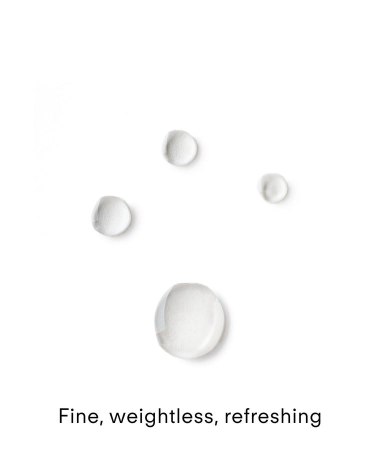 Four clear liquid drops of varying sizes rest on a white background above the words Fine, weightless, refreshing—reflecting Ultra Hydrating Skin Mist, enriched with sodium hyaluronate for deep hydration.