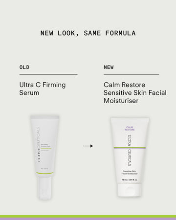 The old Ultra C Firming Serum and the new Ultra Calming Moisturiser Cream—ideal for sensitive skin and skin barrier support. Text: New Look, Same Formula.