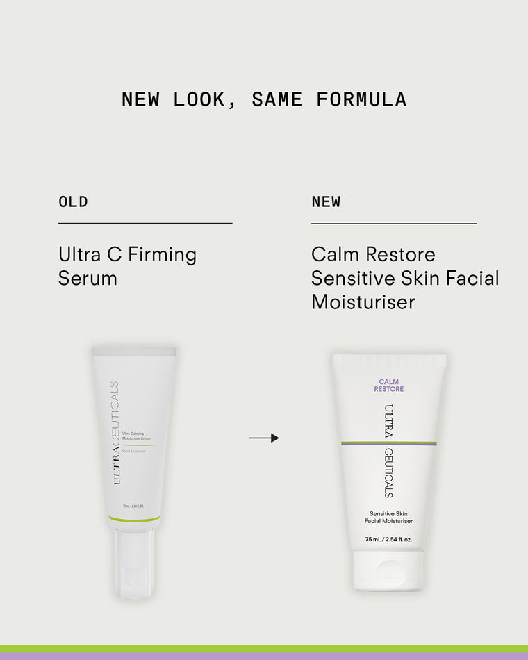 The old Ultra C Firming Serum and the new Ultra Calming Moisturiser Cream—ideal for sensitive skin and skin barrier support. Text: New Look, Same Formula.