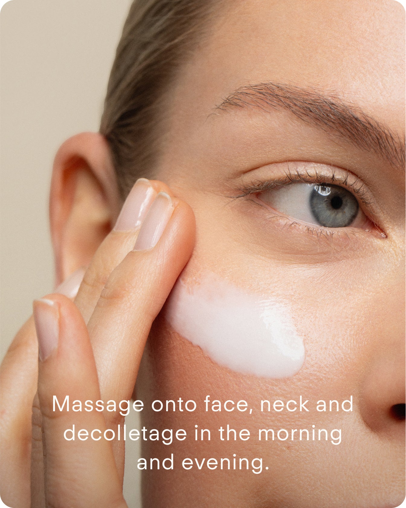 A person applies Ultra Calming Moisturiser Cream to their cheek with their fingers. Text over the image reads: Massage onto face, neck, and decolletage morning and evening—perfect for sensitive skin.