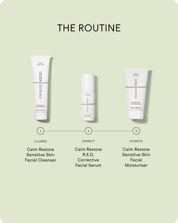 Three skincare products labeled 1 to 3 are shown under “THE ROUTINE.” They’re formulated for sensitive skin: Calm Restore Facial Cleanser, R.E.D. Corrective Facial Serum, and Ultra Calming Moisturiser Cream, each supporting a healthy skin barrier.