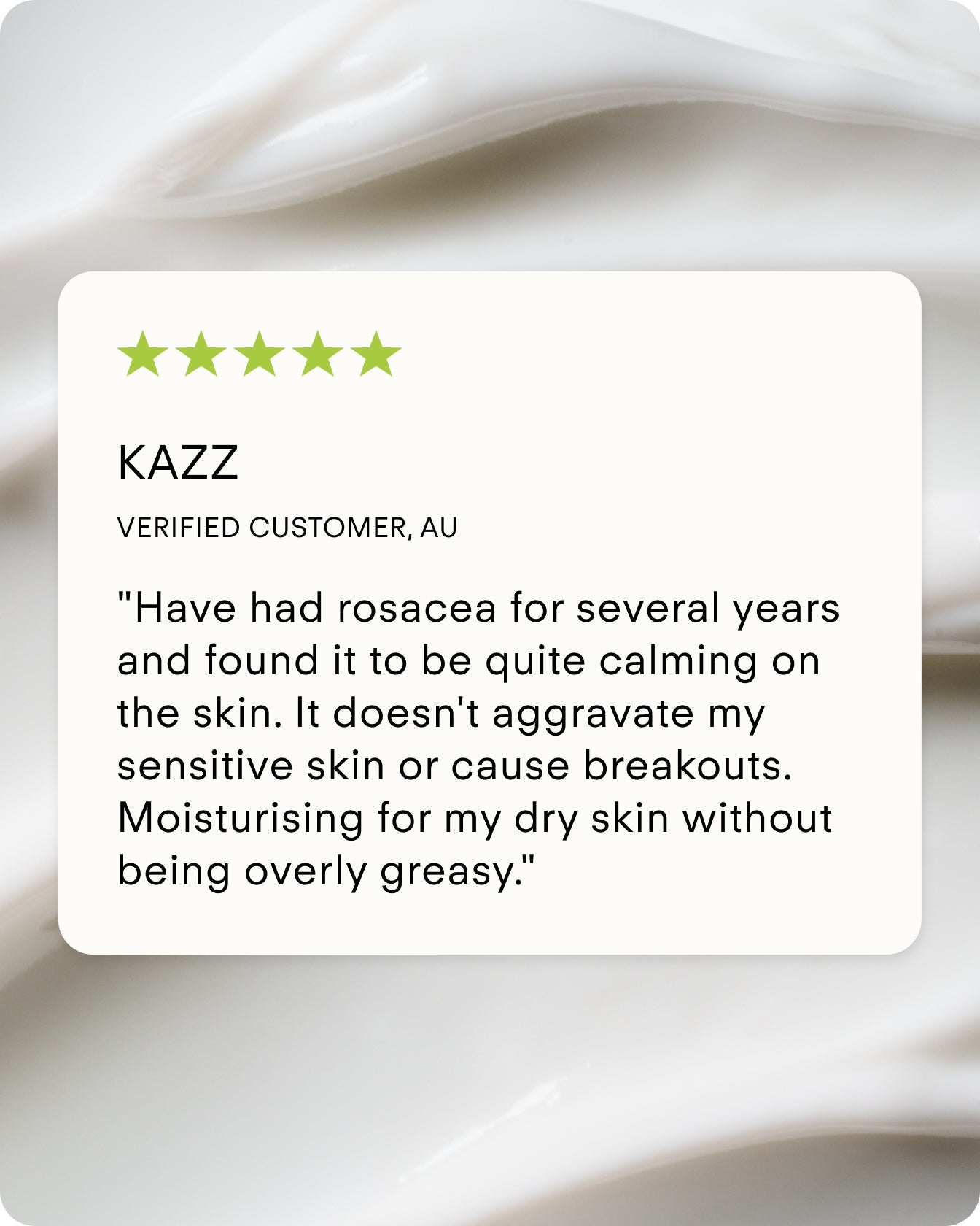 A five-star review for Ultra Calming Moisturiser Cream highlights its soothing relief for rosacea, non-greasy texture, and skin barrier strengthening—perfect for sensitive, dry skin—shown over a creamy white background.