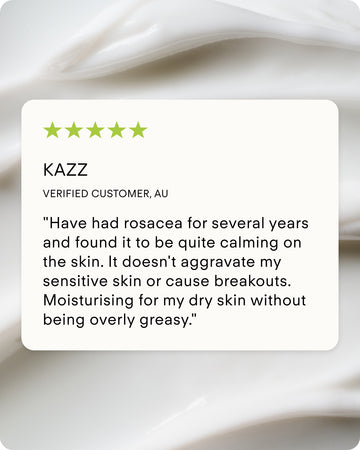 A five-star review for Ultra Calming Moisturiser Cream highlights its soothing relief for rosacea, non-greasy texture, and skin barrier strengthening—perfect for sensitive, dry skin—shown over a creamy white background.