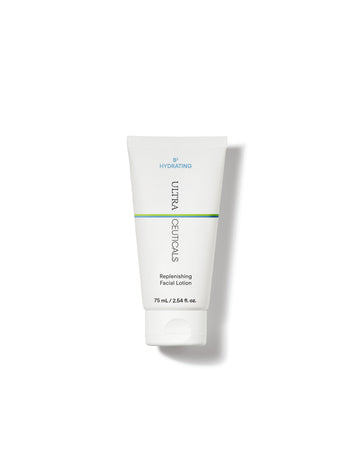 A 75 ml white tube of Ultra Hydrating Lotion, featuring green and silver accents, stands upright on a plain white background. Designed to boost skin hydration and support the barrier.