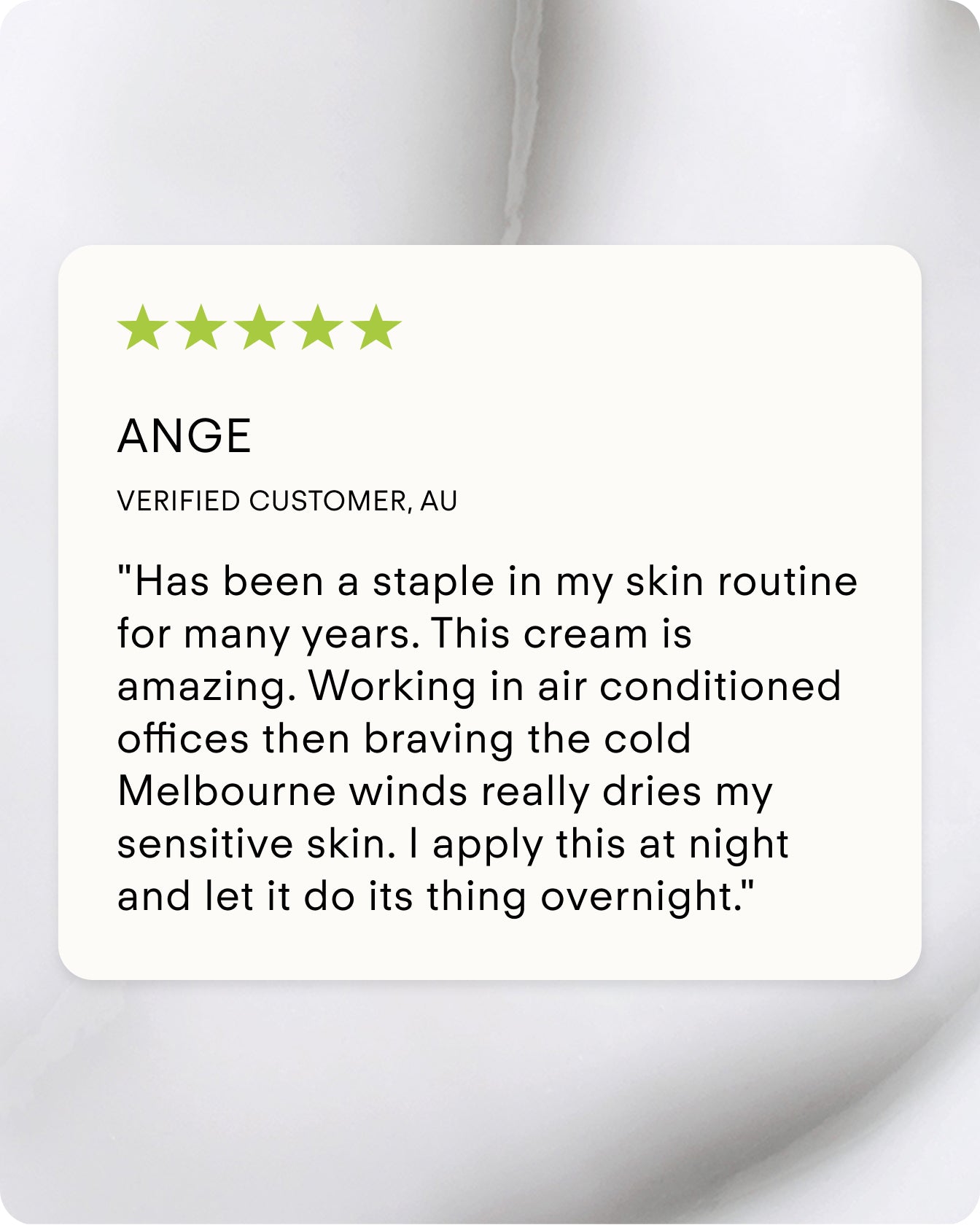 A 5-star review praises Ultra Hydrating Lotion for strengthening the skin barrier, protecting sensitive skin from air conditioning and cold Melbourne winds. The reviewer uses it nightly and recommends adding it to your skincare routine.