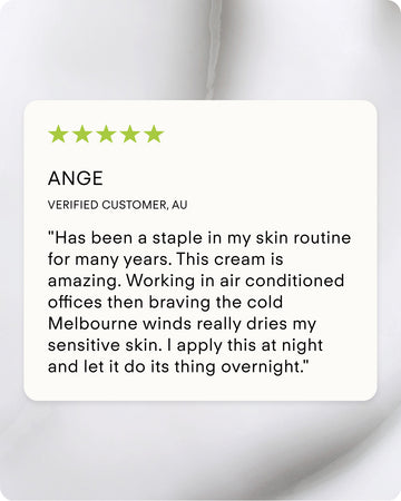 A 5-star review praises Ultra Hydrating Lotion for strengthening the skin barrier, protecting sensitive skin from air conditioning and cold Melbourne winds. The reviewer uses it nightly and recommends adding it to your skincare routine.