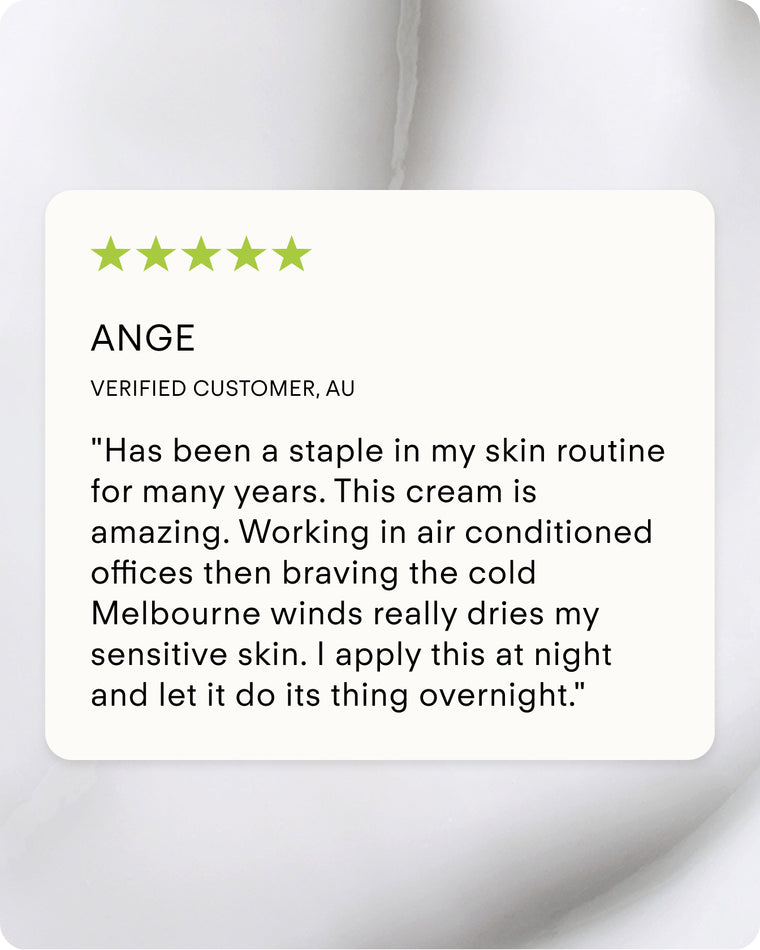 A 5-star review praises Ultra Hydrating Lotion for strengthening the skin barrier, protecting sensitive skin from air conditioning and cold Melbourne winds. The reviewer uses it nightly and recommends adding it to your skincare routine.
