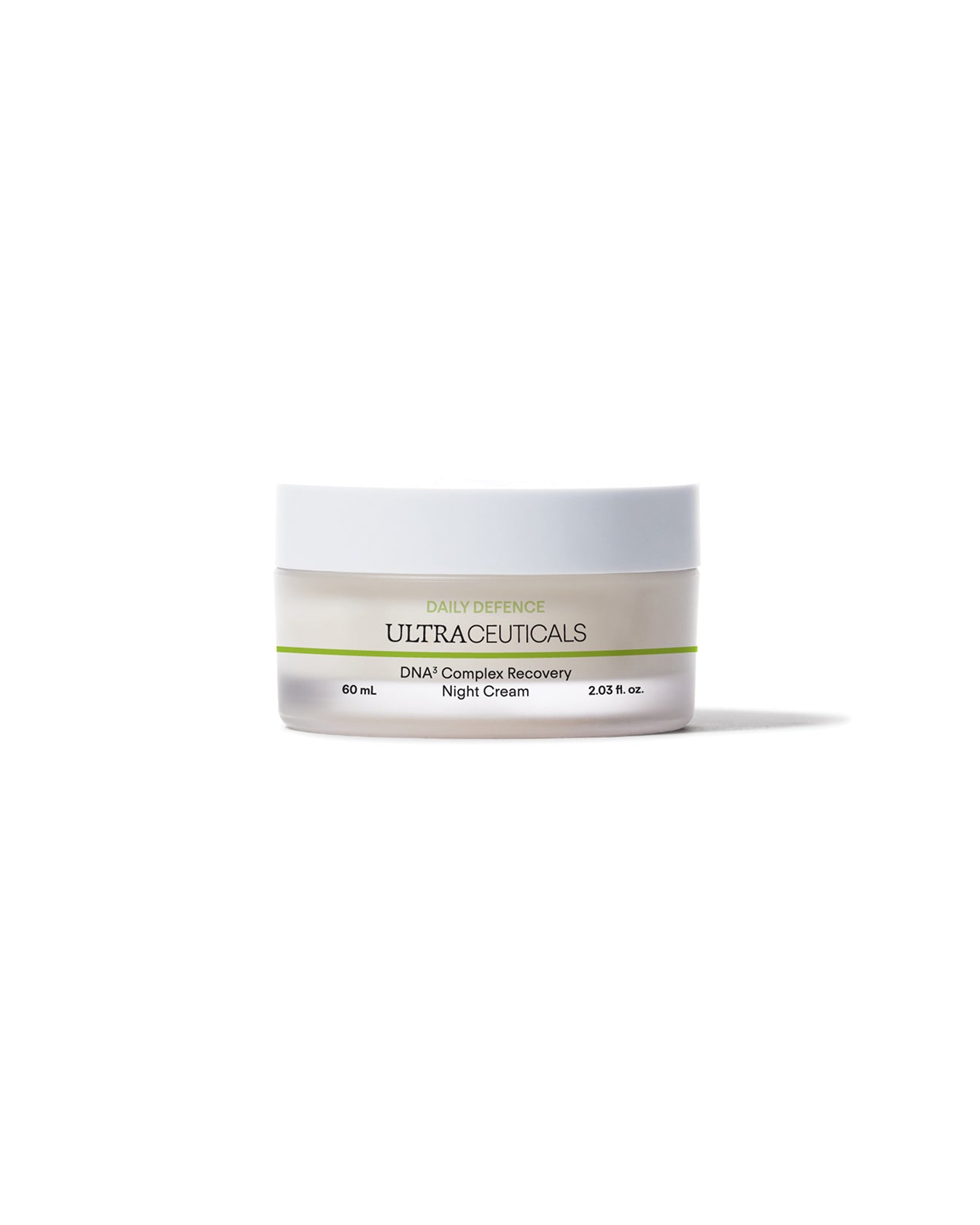 A 60ml white jar of Ultra DNA³ Complex Recovery Night Cream with a white lid and green/black label text, formulated to hydrate and support overnight skin recovery, is shown against a plain white background.
