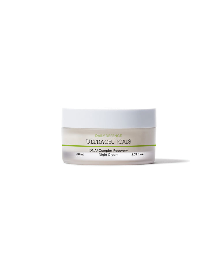 A 60ml white jar of Ultra DNA³ Complex Recovery Night Cream with a white lid and green/black label text, formulated to hydrate and support overnight skin recovery, is shown against a plain white background.