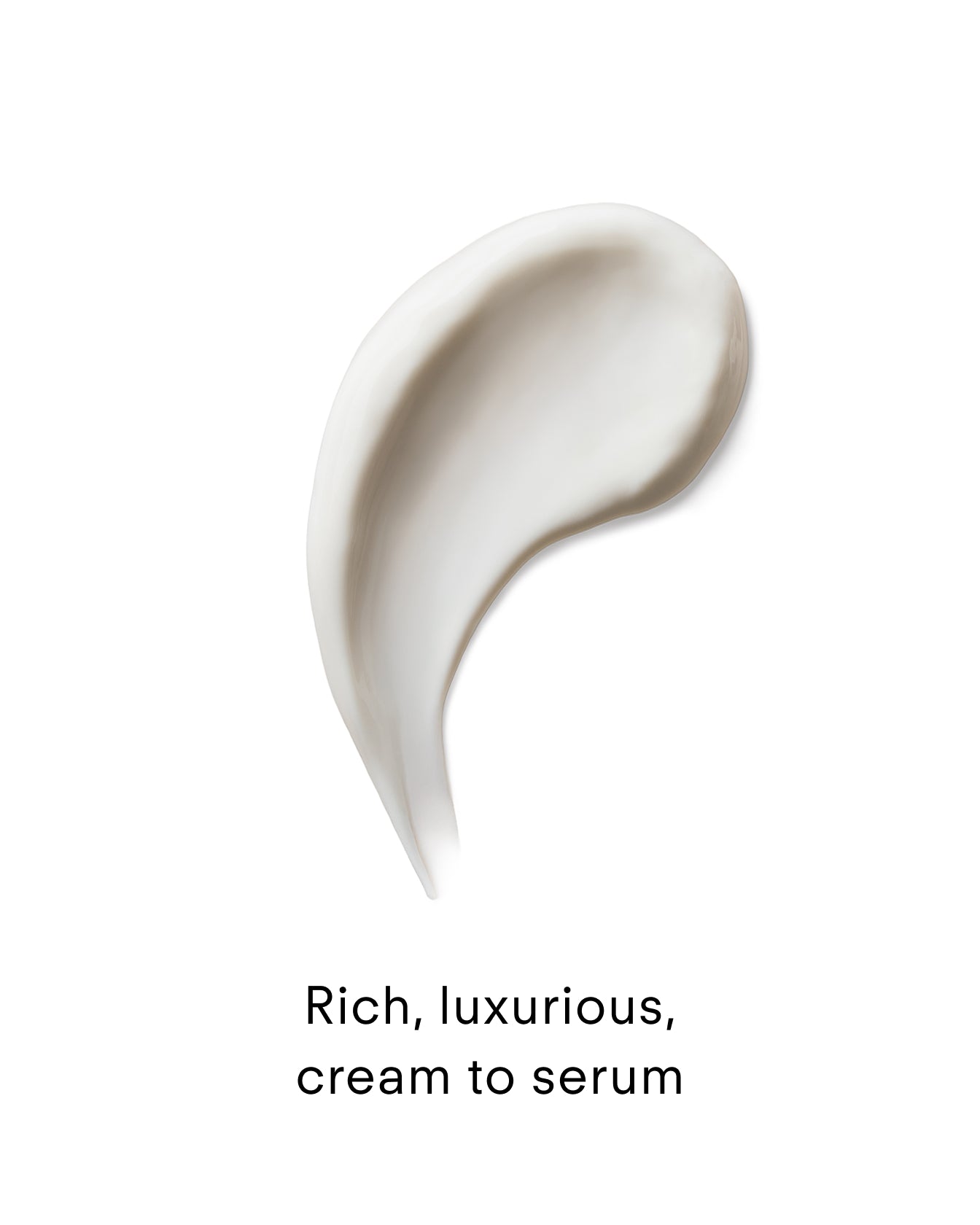 A smooth, creamy white swatch of Ultra DNA³ Complex Recovery Night Cream on a white background, shaped like a soft swoosh. Text below: Rich, luxurious cream-to-serum hydrates and supports overnight skin recovery.