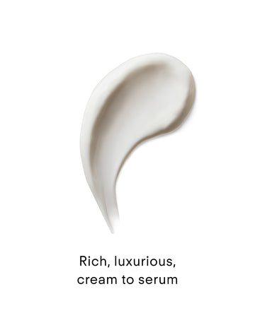 A smooth, creamy white swatch of Ultra DNA³ Complex Recovery Night Cream on a white background, shaped like a soft swoosh. Text below: Rich, luxurious cream-to-serum hydrates and supports overnight skin recovery.