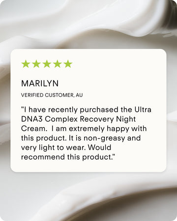 A customer review card on a creamy background shows five green stars and Marilyn praising Ultra DNA³ Complex Recovery Night Cream for its light, non-greasy feel and impressive overnight skin recovery benefits.