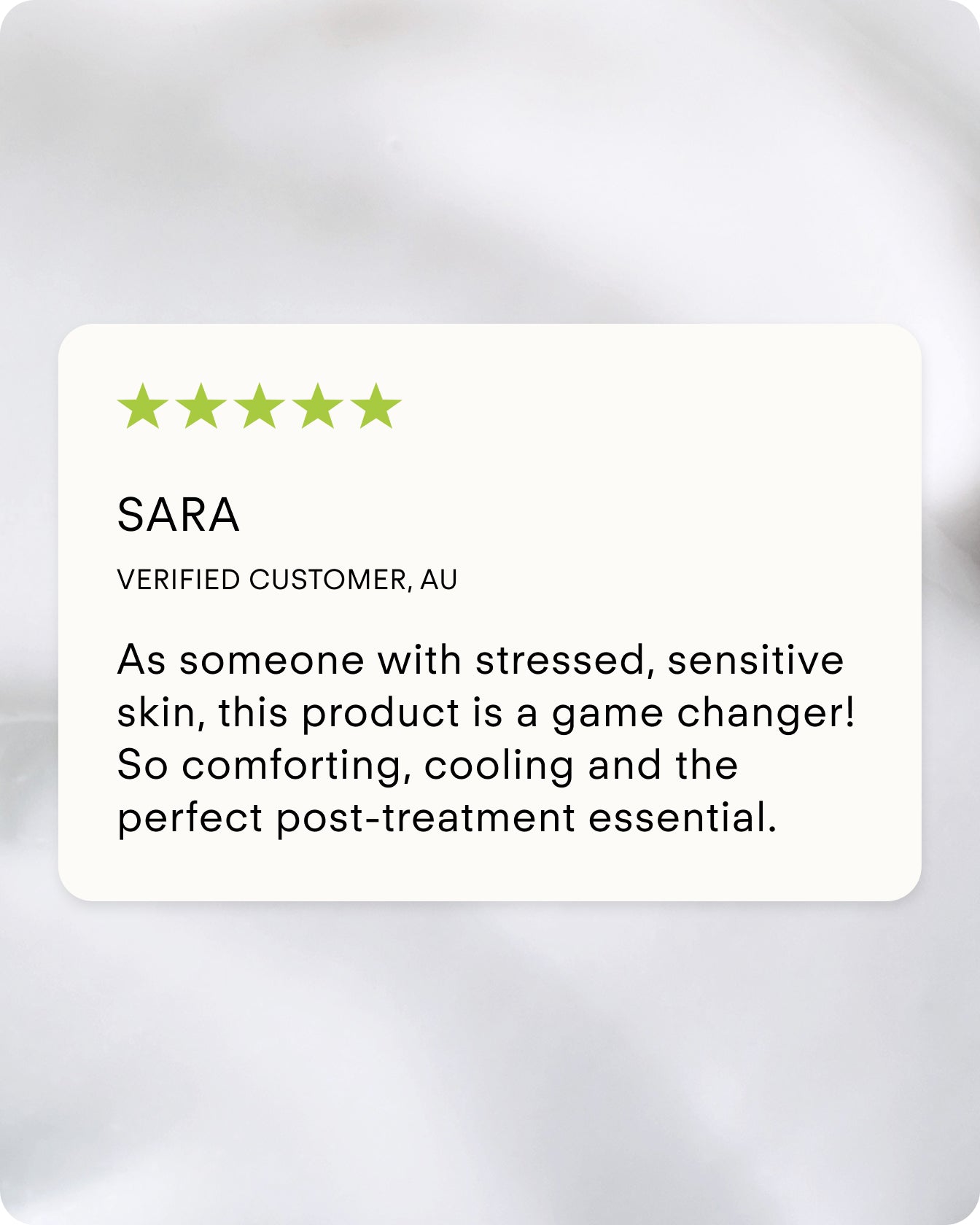 A customer review card with five green stars reads: “As someone with stressed, sensitive skin, Ultra B² Recovery Cream is a game changer! So comforting, cooling and the perfect post-treatment essential.” Reviewer: Sara, AU.