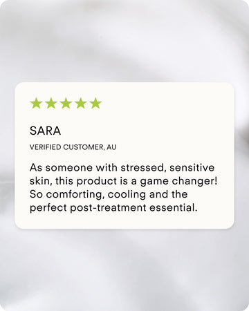 A customer review card with five green stars reads: “As someone with stressed, sensitive skin, Ultra B² Recovery Cream is a game changer! So comforting, cooling and the perfect post-treatment essential.” Reviewer: Sara, AU.