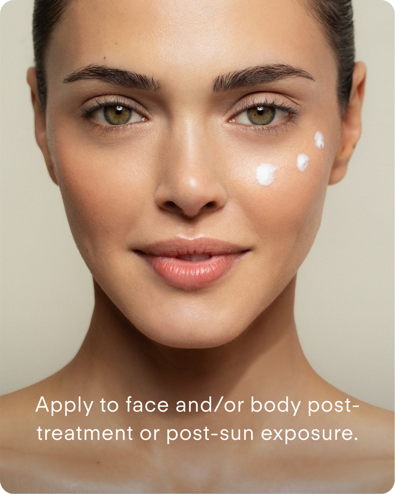 A woman with smooth, sensitive skin smiles softly, three dots of Ultra B² Recovery Cream on her right cheek. Text below: Apply to face and/or body after treatments or sun exposure.