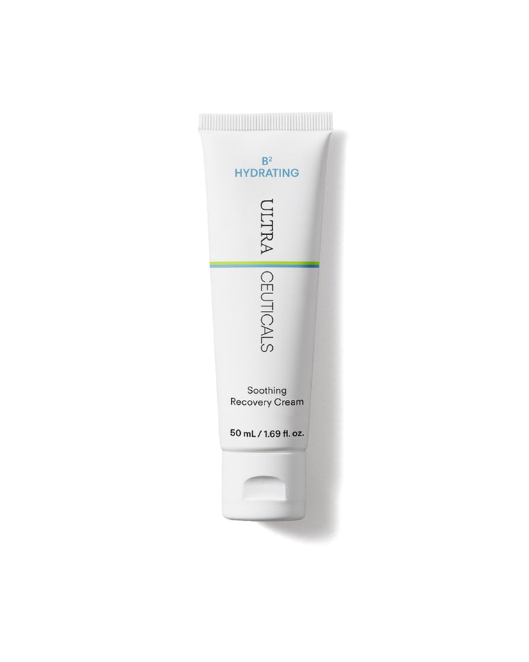 A white 50 mL tube of Ultra B² Recovery Cream, designed for sensitive skin hydration, stands upright on a white background.
