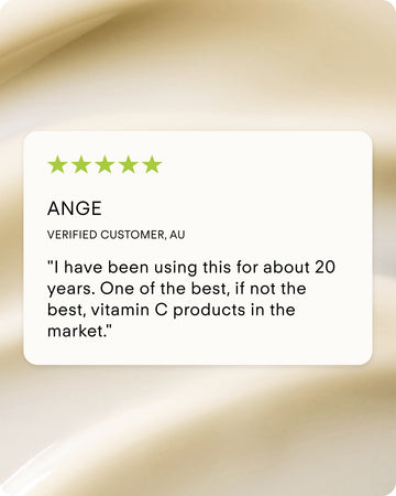 A customer review card displays five green stars and a testimonial from Ange, verified buyer, praising the C+ Rejuvenating Pro-Collagen Night Cream for brightening skin and being her go-to after 20 years. Creamy, abstract background.