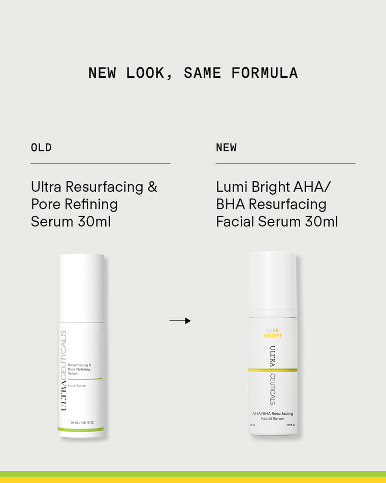 Side-by-side comparison of the old Resurfacing & Pore Refining Serum and the new Lumi Bright AHA/BHA resurfacing facial serum—both formulated to minimise pores and refine skin texture.