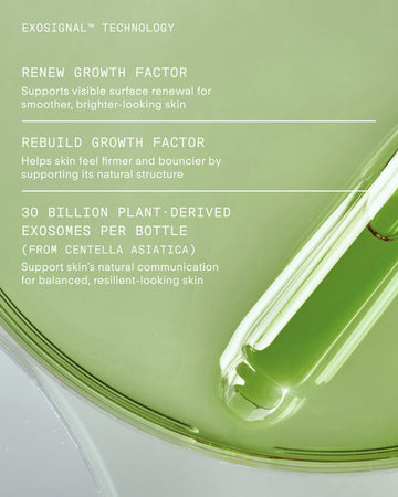 A green liquid-filled petri dish with a glass dropper showcases Youth Boost ExoSignal GF² Facial Serum, featuring Centella asiatica extract and plant-derived exosomes for healthy, renewed skin.