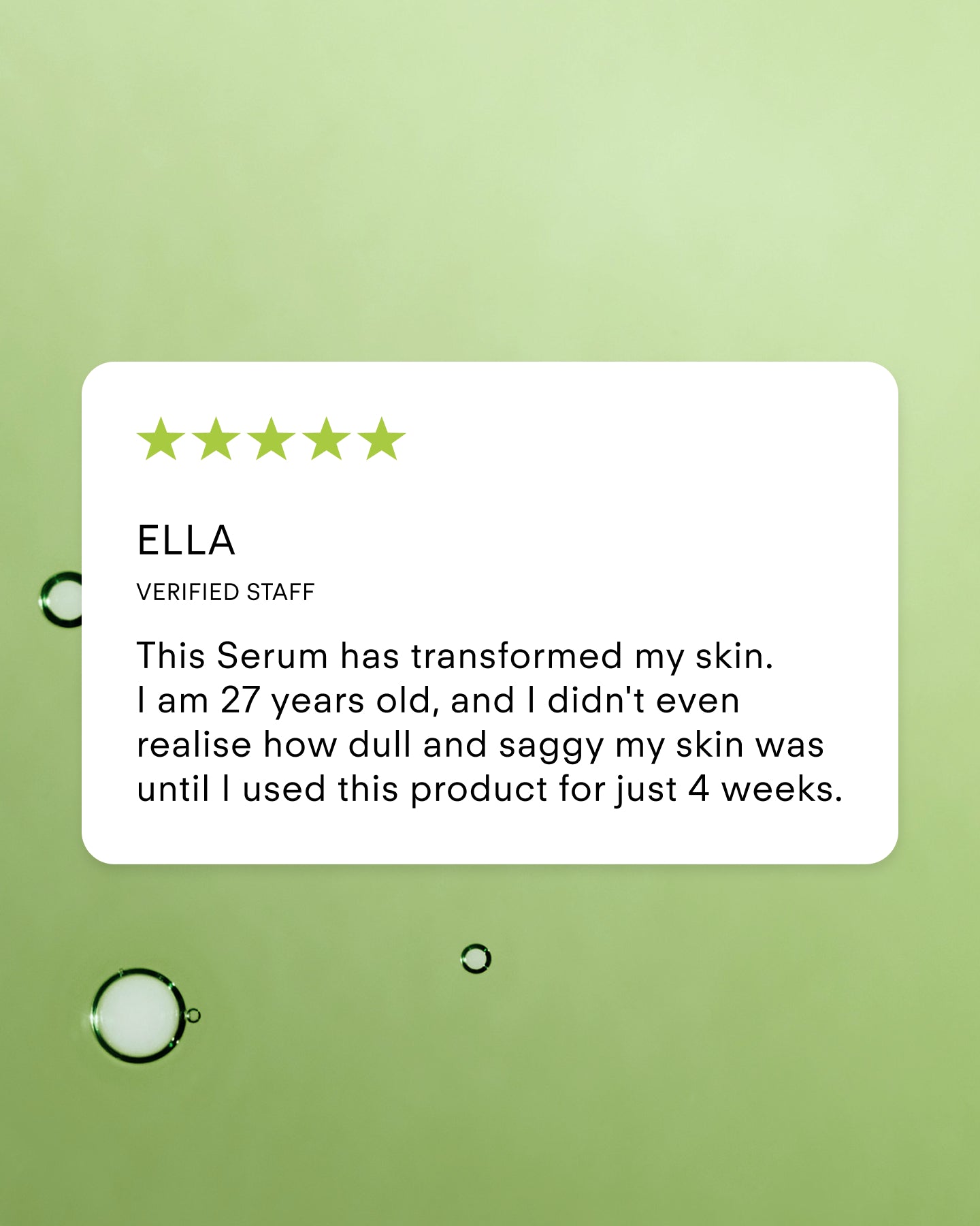 A product review card on a light green background with bubbles shows a five-star rating, the name Ella, and a testimonial praising Youth Boost ExoSignal GF² Facial Serum for transforming her skin with Centella Asiatica extract after four weeks.