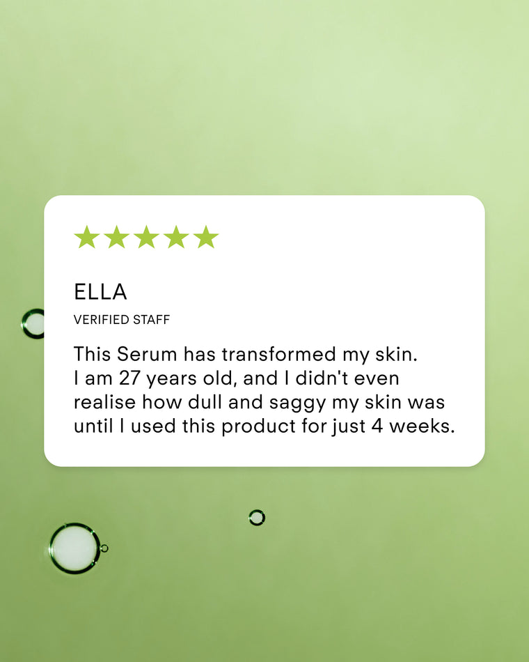 A review card with five green stars and text praising Youth Boost ExoSignal GF² Facial Serum for visible skin improvement in 4 weeks, shown on a light green background with water droplets.