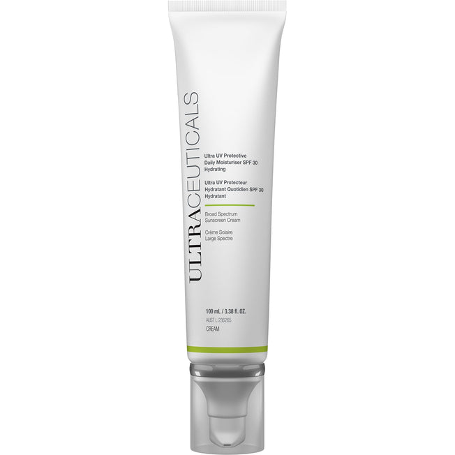 A white 100ml tube of Ultra UV Protective Daily SPF30 Hydrating with green and silver accents, featuring broad-spectrum UVA/UVB protection and daily moisturizing benefits noted on the front label.