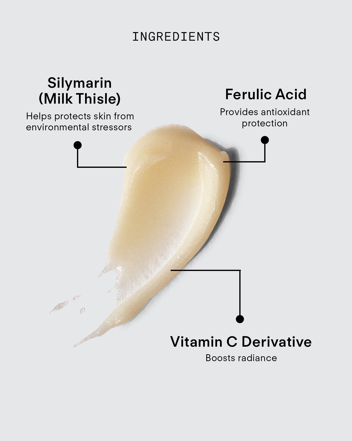 Ultra Protective Antioxidant Complex features Silymarin (Milk Thistle) to defend against environmental stressors, Ferulic Acid for antioxidant support, and a Vitamin C Derivative to enhance skin resilience and radiance.
