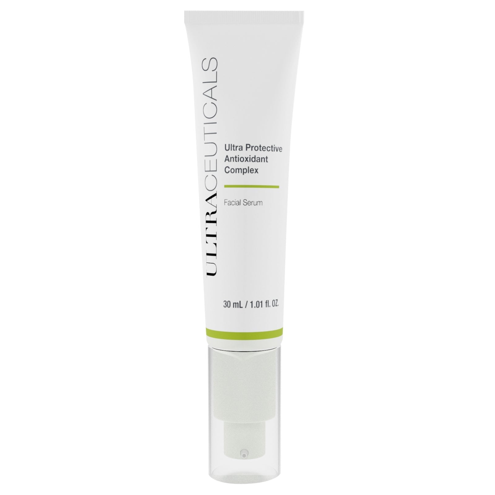 The Ultra Protective Antioxidant Complex comes in a 30 mL white tube with a clear cap and minimalistic design, offering antioxidant protection to support your skin's resilience against environmental stressors.