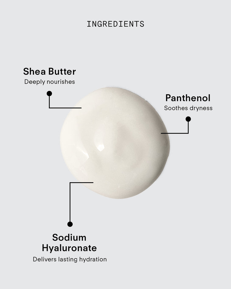 A dollop of Ultra UV Protective Daily SPF50 Hydrating on a grey background with labels: Shea Butter (deep nourishment), Panthenol (soothes dryness), Sodium Hyaluronate (lasting hydration), broad-spectrum UVA/UVB protection.