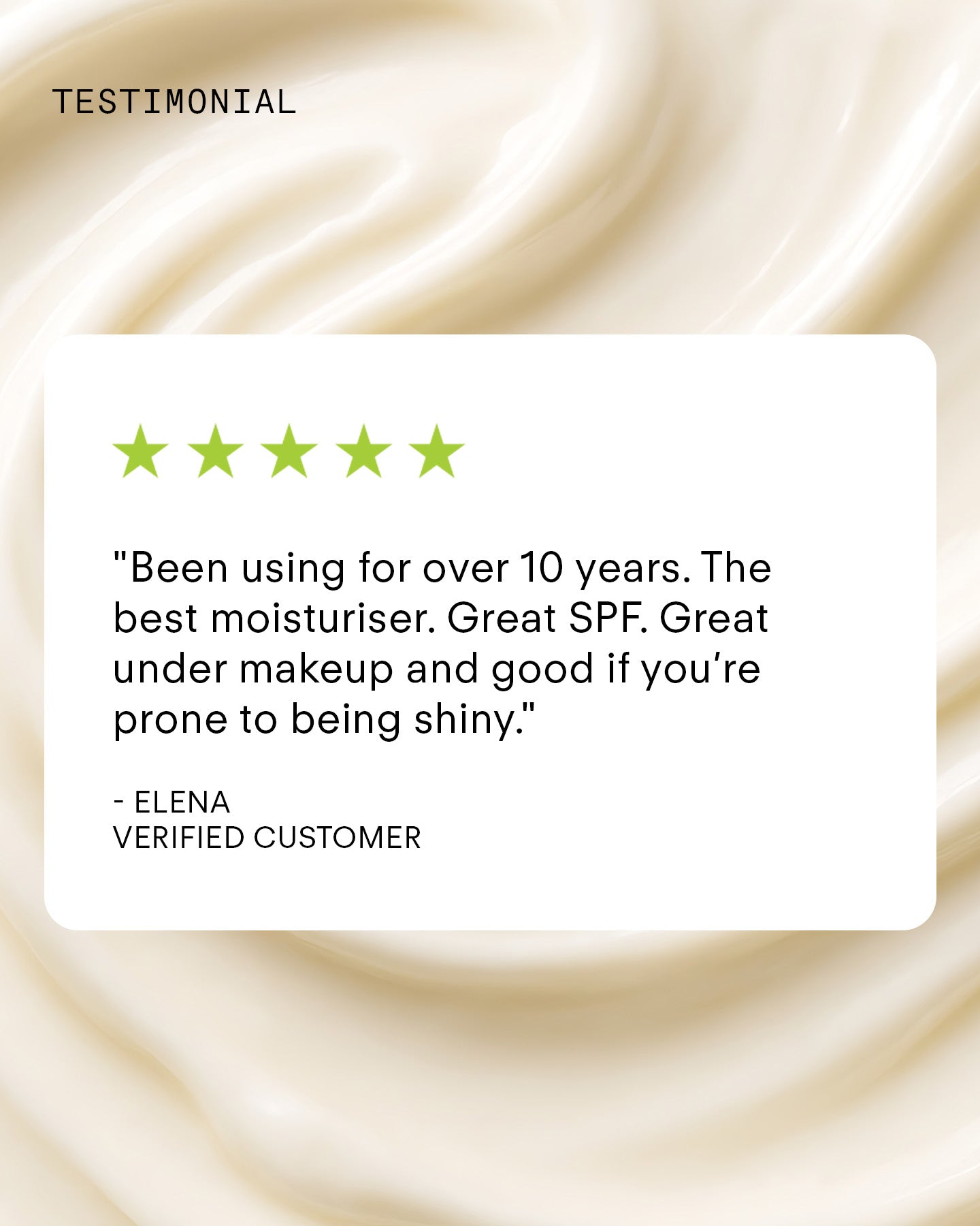 On a creamy swirl, five green stars top a review praising Ultra UV Protective Daily Moisturiser SPF 50 Mattifying for its broad-spectrum sunscreen, matte finish for oily skin, and makeup compatibility. — Elena, verified customer.