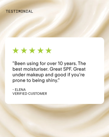 On a creamy swirl, five green stars top a review praising Ultra UV Protective Daily Moisturiser SPF 50 Mattifying for its broad-spectrum sunscreen, matte finish for oily skin, and makeup compatibility. — Elena, verified customer.