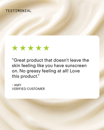 A testimonial on a creamy beige background with five green stars: Amy, an oily-skinned verified buyer, loves the Ultra UV Protective Daily Moisturiser SPF 50 Mattifying for its matte finish that doesn't leave skin greasy or feel like sunscreen.