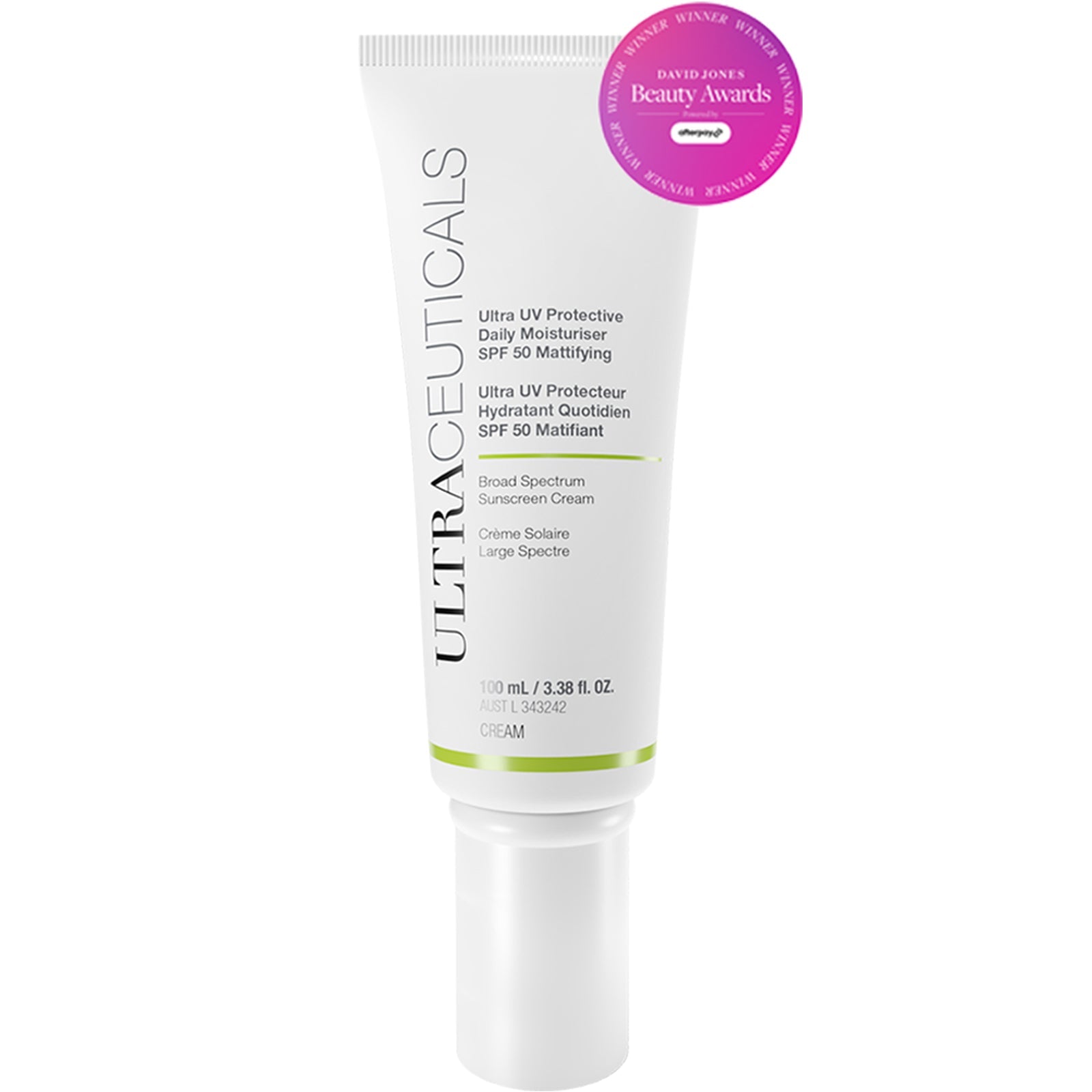 A white tube of Ultra UV Protective Daily Moisturiser SPF 50 Mattifying, with green and silver accents, a pink Beauty Awards sticker near the top, and a matte finish ideal for oily skin. 100ml.