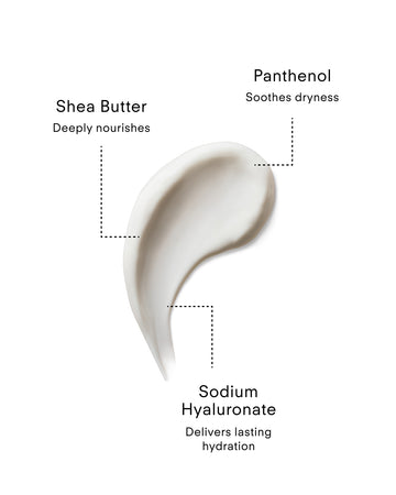 A white cream smear highlights key ingredients in Ultra UV Protective Daily SPF30 Hydrating: Shea Butter (deep nourishment), Panthenol (soothes dryness), Sodium Hyaluronate (long-lasting hydration) with daily broad-spectrum UVA/UVB protection.